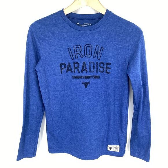 Boys Under Armour Project Rock Iron Paradise" Long Sleeved Tee  blue large - Picture 1 of 6